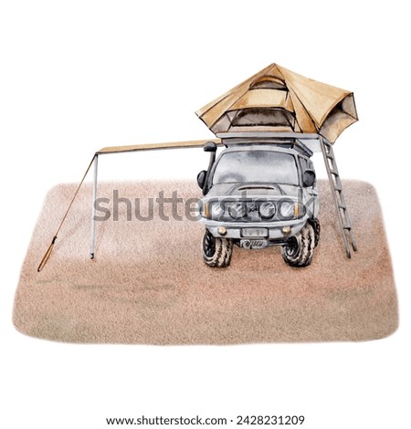 Camping composition clip art with 4x4 off road car, awning and roof top tent on desert sand. For tourist or travel prints, cards, fliers, designs. Watercolor illustration isolated on white background