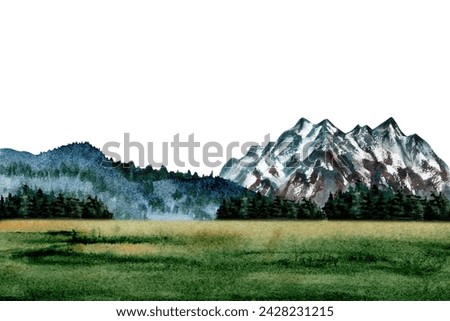 Mountain, forest, green grass nature landscape card design. Clip art composition for camping, tourism, travel, holiday prints. Copy space for text. Watercolor illustration isolated on white background