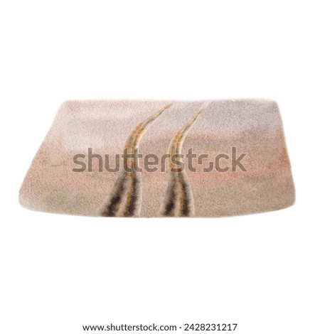 Landscape composition element with sandy desert road and 4x4 car tracks. Clip art design for touring, exploring, travel, camping, adventure.  Watercolor illustration isolated on white background