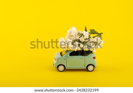 Lilac flower on cartoon toy car with empty space