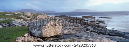 View towards the southern tip of the isle of harris from taransay at dusk, outer hebrides, scotland, united kingdom, europe