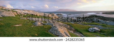 View towards the southern tip of the isle of harris from taransay at dusk, outer hebrides, scotland, united kingdom, europe