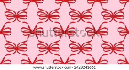 Seamless pattern with various cartoon red bow knots, gift ribbons. Trendy hair braiding accessory. Hand drawn vector illustration. Valentine's day background.