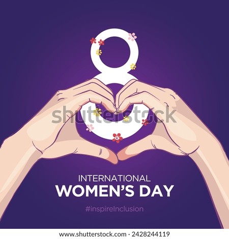 Inspire Inclusion slogan International Women's Day 8 march 2024. Iwd world Campaign. Vector woman's hands on heart gesture on purple gradient background. Royalty-Free Stock Photo #2428244119