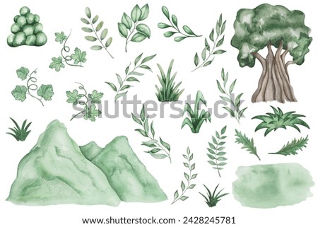 Watercolor set of illustrations. Hand painted nature elements. Branches with leaves. Grass, mountain, tree, bushes. Green lawn. Spring greenery. Olive branches. Isolated floral botanical clip art