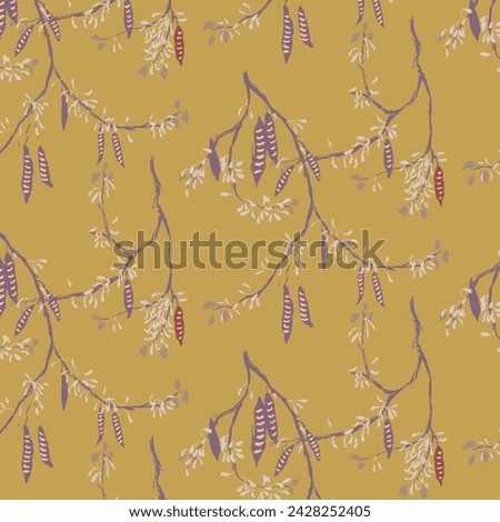 Rustic repeat pattern of blossoming spring branches on mustard yellow background. Elegant Chinese-style floral print.