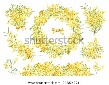 Watercolor floral illustration set yellow mimosa, wreaths, frames,  green leaf branches collection, for wedding stationary, greetings, wallpapers, fashion, background.