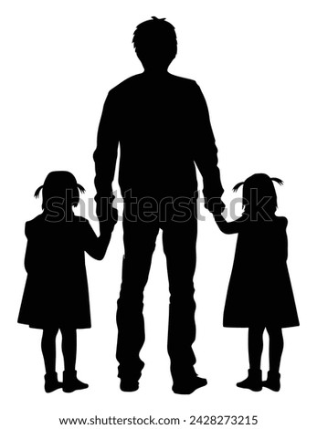 Black silhouette depicting cute twin girls wearing identical clothes, shoes and hairstyles and their father holding hands on either side.
