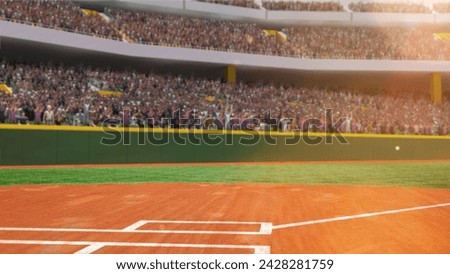 Filled tribune of sport fans. 3D render of baseball open air arena, stadium. Daytime game. Concept of professional sport, competition, championship, game