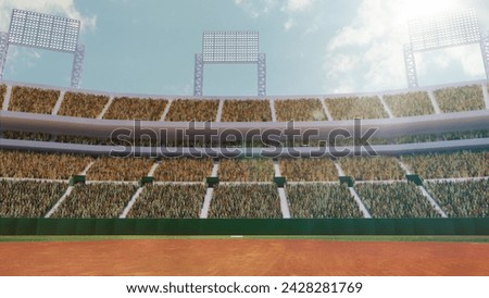 Sport match event. 3D render of empty baseball arena, open air stadium with tribune filled with fans. Concept of professional sport, competition, championship, game