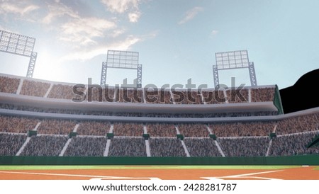 Grand baseball stadium, open air field with fan tribune on daytime. 3D render of baseball stadium. Concept of professional sport, competition, championship, game