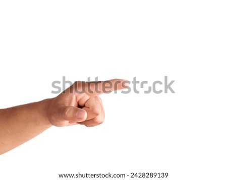 Male hand making a pointing gesture isolated on a white background.