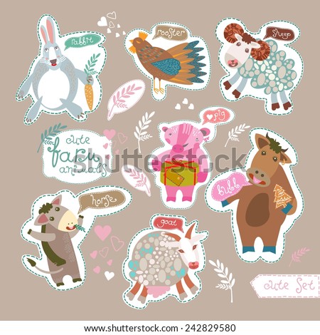 Cute farm animals. Pig with a gift, goat with horns Bull with a Christmas tree, Goat, Rooster, Rabbit with carrot Horse. Vector. Set. Illustration.