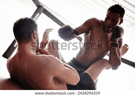 Fight, wrestling and men sparring in boxing competition, challenge and fitness with sports in gym. Kickboxing match, strong fighter and resilience in exercise, practice and power in battle together