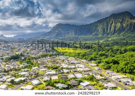 Aerial view by drone of kailua town, oahu island, hawaii, united states of america, north america Royalty-Free Stock Photo #2428298219