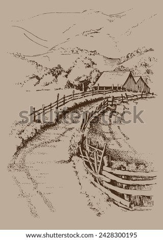 Rural scenery. Meadow, alkali, lye, grassland, pommel, lea, pasturage, farm. Rural scenery landscape panorama of countryside pastures. Vector sketch illustration
 Royalty-Free Stock Photo #2428300195