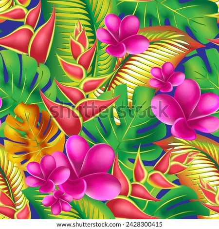 Trendy summer exotic flower print.  Seamless  tropical pattern. Palm monstera leaves with hibiscus and pink plumeria flowers abstract background Royalty-Free Stock Photo #2428300415