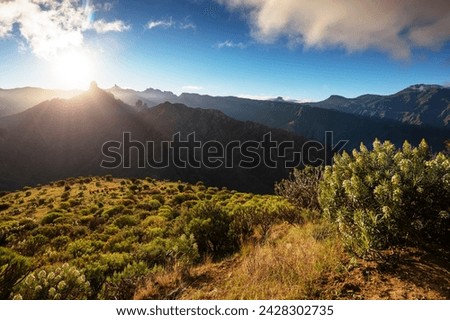 Roque nublo and roque bentayga at sunrise, gran canaria, canary islands, spain, atlantic, europe Royalty-Free Stock Photo #2428302735