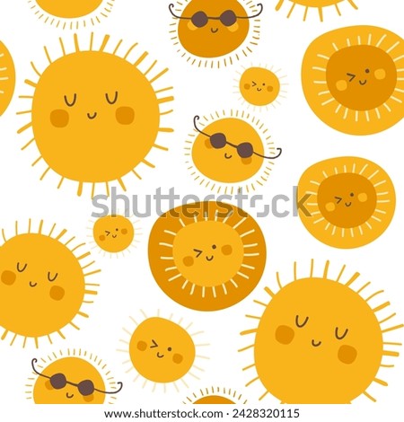 Seamless pattern with cute sun. Hand drawn yellow sunshine icons. Vector illustrations