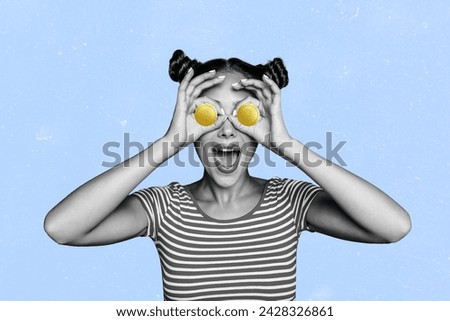 Collage image of astonished black white effect girl arms fingers hold money coin eyes isolated on blue background