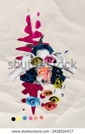 Portrait collage painted picture exclusive magazine of sadness young lady holding pieces eyeballs isolated on gray color background