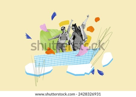 Collage magazine picture of crazy cheerful girlfriends have fun dance celebrate spring coming isolated on drawing background