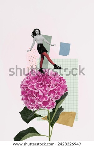 Collage vertical picture of adorable cute woman going walking blooming pink fresh flower isolated on drawing background