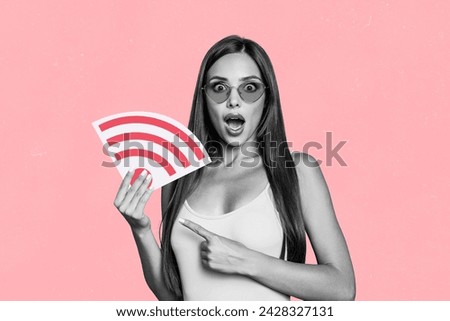 Composite 3d photo artwork graphics collage of astonishment beautiful young girl hold picture wifi shocked free connection isolated on pink color background