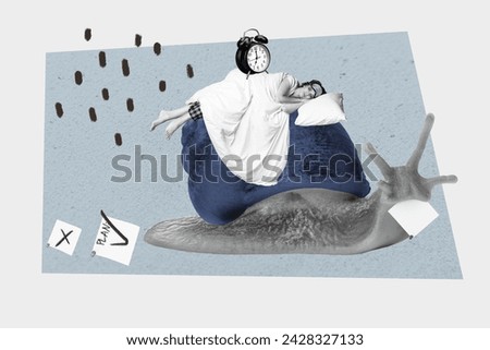 Artwork magazine collage picture of tired lady sleeping snail shell isolated drawing grey white color background