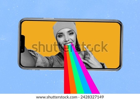 Creative collage picture of black white colors girl make selfie show heavy metal symbol radiate rainbow light inside smart phone screen