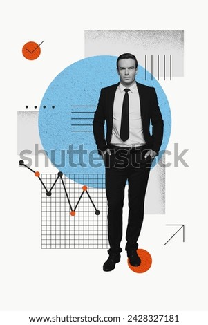 Creative abstract template graphics collage image of cool confident boss showing presentation isolated white color background