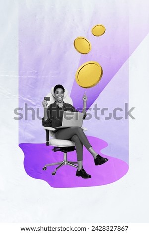 Vertical graphics collage image of happy american girl trader credit card ebank earning income coins laptop online money isolated on painting background