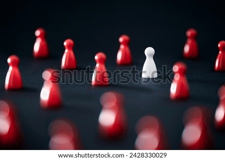 Unique, distinct from the crowd. Business concept. Standout competitor. Independent, initiative leader. Red pawns. Original notable leadership. Unusual success. Loneliness, imagination or creativity. Royalty-Free Stock Photo #2428330029