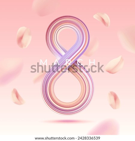8 March background with 3d colorful number and petals. International Womens Day vector holiday banner.  Royalty-Free Stock Photo #2428336539