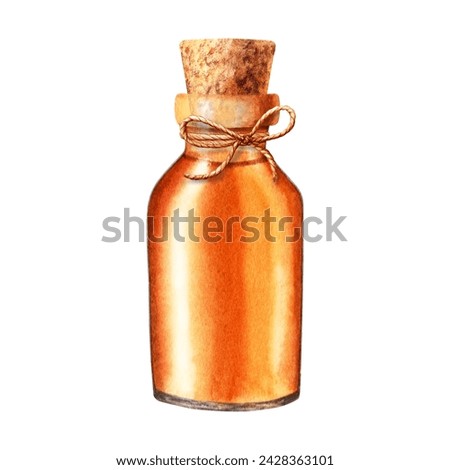 Glass oil bottle, jar with cork and decorative rope jute string. Hand drawn watercolor illustration isolated on white background. For clip art, template, label