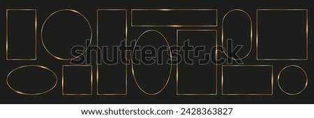 Set of thin linear gold frames. Elegant with sparkle and radiance, geometric on a black background, boho art deco style. For the design of a textbox, application, website, printing