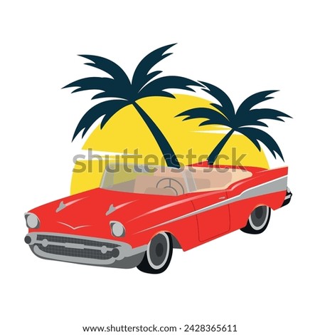 Red retro car on a yellow background with palm trees, vector illustration, flat, illustration for business card, t-shirt, banner, poster. EPS10