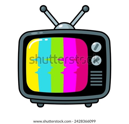 Vintage television set in simple cartoon style. No signal, colored stripes (TV test pattern). Vector clip art illustration.
