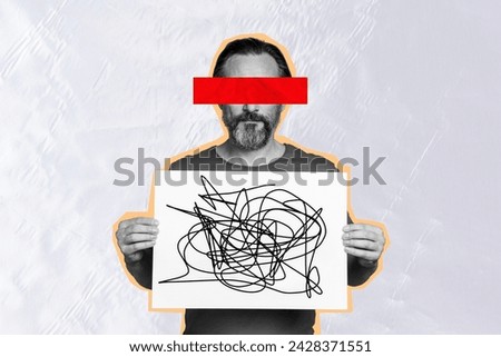 Composite collage image of black white effect man arms hold messy painted card covered eyes isolated on paper background