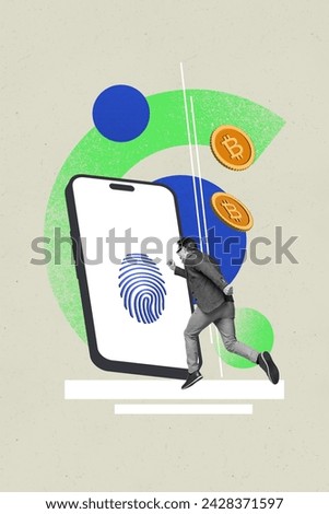 Vertical collage picture young running man smartphone touchscreen fingerprint scanner bitcoin trader restricted access virtual assets