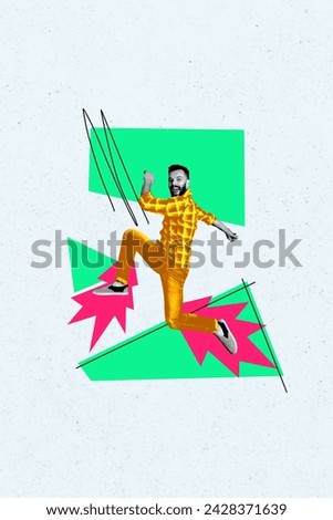 Image collage picture of crazy cheerful man flying air running hurrying store mall center isolated on drawing background