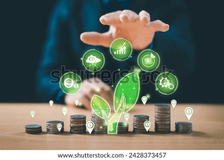 Green business footprint concept. Bank finance money investment for sustainability, carbon credit. Green tree leaf icon, stack of coins, seedling growing on top. ESG, co2 green tax, fund, trading Royalty-Free Stock Photo #2428373457