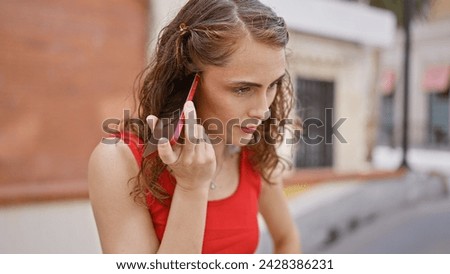 Attractive young woman lost in serious concentration, coolly listening to an audio message on her smartphone, standing on a busy urban street in the sunlight. Royalty-Free Stock Photo #2428386231