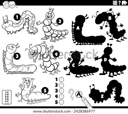 Cartoon illustration of finding the right shadows to the pictures educational activity with caterpillars insect animal characters coloring page