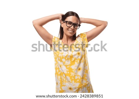 young positive smiling caucasian woman with vision glasses on white background
