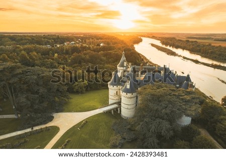 Majestic castle dance: aerial sidewaltz of le chateau de chaumont-sur-loire Royalty-Free Stock Photo #2428393481