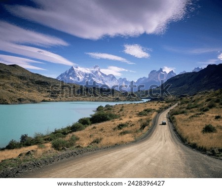 Cuernos del paine rising up above rio paine, torres del paine national park, patagonia, chile, south america Royalty-Free Stock Photo #2428396427