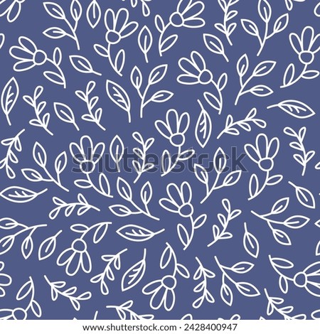 Blue seamless pattern of linear flowers and leaves