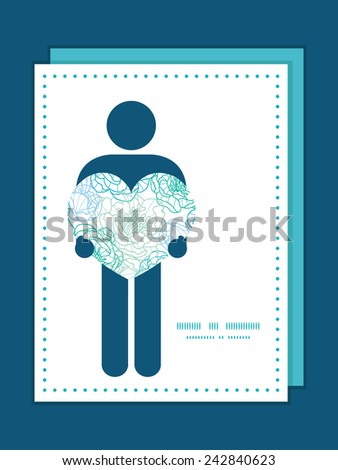 Vector blue line art flowers man in love silhouette frame pattern invitation greeting card template