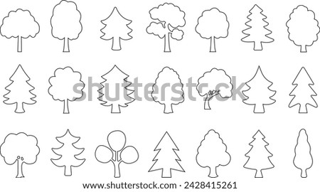 Trees flat line icons set. Plants, landscape design, fir tree, succulent, privacy shrub, lawn grass, flowers black vector collection isolated on transparent background. tree simple silhouettes nature.